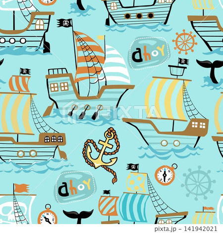 Seamless pattern with cute cartoon pirate ships, anchors, and nautical elements on blue background Seamless pattern with cute cartoon pirate ships, anchors, and nautical elements on blue background 141942021