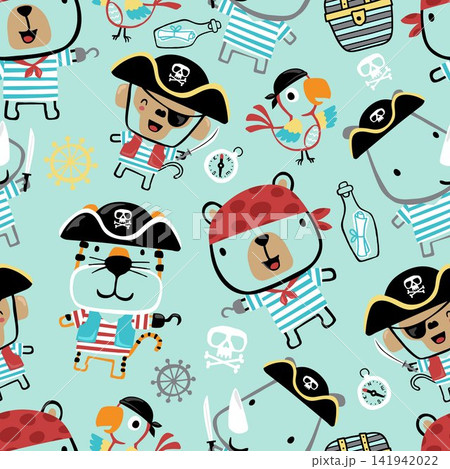 Seamless Pattern of Cute Cartoon Pirate Animals Tiger Monkey and Bear for Kids Nursery Textile Decor 141942022