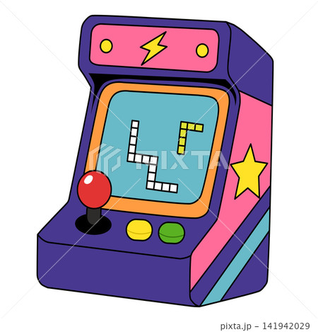 Colorful retro arcade game machine cabinet for video gaming gamer esports 90s nostalgia device sticker print visual graphic clipart artwork design icon element illustration Colorful retro arcade game machine cabinet for video gaming gamer esports 90s nostalgia device sticker print visual graphic clipart artwork design icon element illustration 141942029