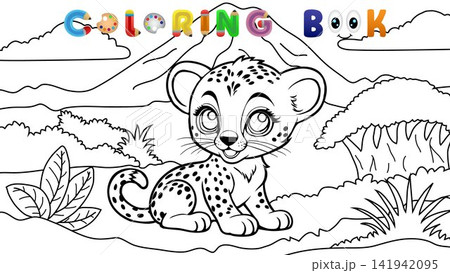 Adorable Baby Leopard in African Savanna Coloring Book Page for Kids with Mountain Landscape Adorable Baby Leopard in African Savanna Coloring Book Page for Kids with Mountain Landscape 141942095