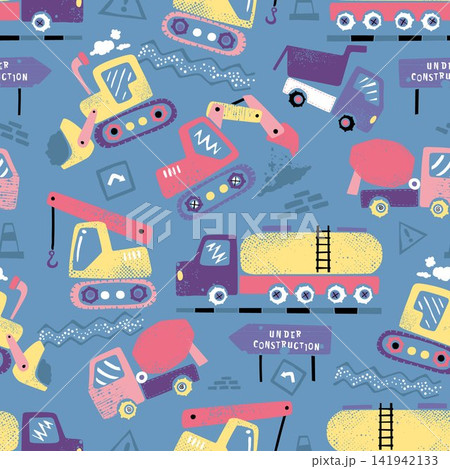 Cute Seamless Pattern with Colorful Hand Drawn Construction Vehicles and Trucks for Kids Textile Cute Seamless Pattern with Colorful Hand Drawn Construction Vehicles and Trucks for Kids Textile 141942133