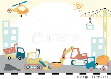 Cute construction site illustration with heavy equipment vehicles, crane and copy space for kids Cute construction site illustration with heavy equipment vehicles, crane and copy space for kids 141942134