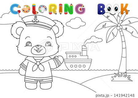 Cute Sailor Bear Character Standing on a Tropical Beach with a Ship Coloring Book Page for Kids Cute Sailor Bear Character Standing on a Tropical Beach with a Ship Coloring Book Page for Kids 141942148