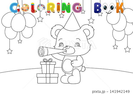 Cute Teddy Bear Birthday Party Coloring Book Page with Balloons, Gifts, and Party Horn for Kids Cute Teddy Bear Birthday Party Coloring Book Page with Balloons, Gifts, and Party Horn for Kids 141942149