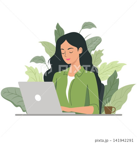 Woman Working on Laptop With Leaves Woman Working on Laptop With Leaves 141942291