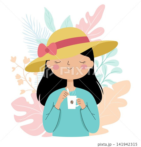 Woman Drinking Coffee in Sun Hat Woman Drinking Coffee in Sun Hat 141942315