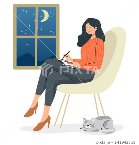 Woman Writing Journal at Night with Cat 141942519
