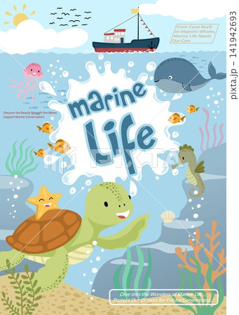 Underwater Sea Animals Frame with Turtle Fish and Whale 141942693