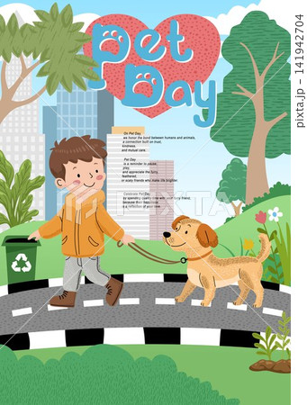 Boy Walking Dog in City with Love and Pet Care Concept 141942704