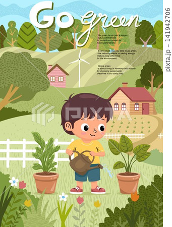 Boy Watering Plants in Garden with Countryside Landscape Boy Watering Plants in Garden with Countryside Landscape 141942706