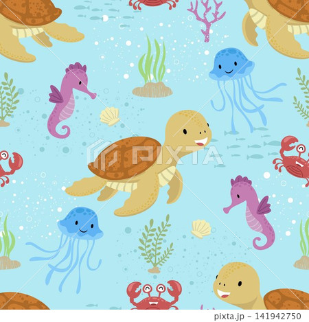 Seamless Cute Sea Animals Pattern Underwater Illustration Seamless Cute Sea Animals Pattern Underwater Illustration 141942750