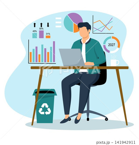 Business Data Analysis Workspace With Laptop Charts Illustration 141942911