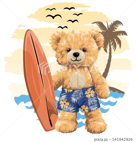 Cute Teddy Bear With Surfboard Beach Summer Vacation Illustration Cute Teddy Bear With Surfboard Beach Summer Vacation Illustration 141942926