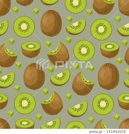 Seamless pattern with whole, sliced, bitten and diced kiwi fruits. Flat vector tropical fruit background isolated on white background for textile and wrapping designs. Seamless pattern with whole, sliced, bitten and diced kiwi fruits. Flat vector tropical fruit background isolated on white background for textile and wrapping designs. 141943028