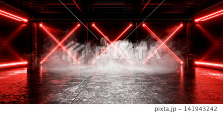 An industrial background with neon lights for your product. Futuristic background. Hangar, garage, showroom, workshop. An industrial background with smoke and a non-futuristic design. 3D render. An industrial background with neon lights for your product. Futuristic background. Hangar, garage, showroom, workshop. An industrial background with smoke and a non-futuristic design. 3D render. 141943242
