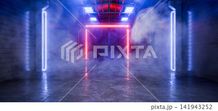Futuristic background. Industrial background with neon lights for your product. Garage, hangar, industrial space. Industrial background with smoke, steam, and dust for a futuristic design. 3D render. 141943252