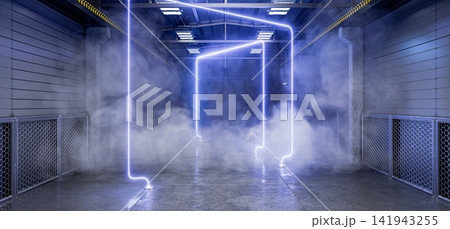 Industrial background with smoke, steam, and dust for a futuristic design. Industrial background with neon lights for your product. Futuristic background. Garage, hangar, industrial space. 3D render. 141943255