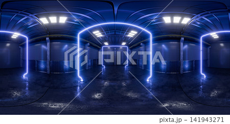 Equirectangular panorama of a warehouse with blue neon lighting for your project. A virtual, sci-fi showroom of a production facility. A spherical HDRI panorama of the warehouse interior. 3D render. 141943271