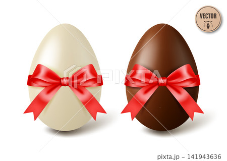 Vector 3d White and Black Chocolate Easter Eggs with Red Satin Bows, Isolated. Sweet Holiday Gift Illustration. Festive Spring Dessert Decoration. Candy Surprise Concept Vector 3d White and Black Chocolate Easter Eggs with Red Satin Bows, Isolated. Sweet Holiday Gift Illustration. Festive Spring Dessert Decoration. Candy Surprise Concept 141943636