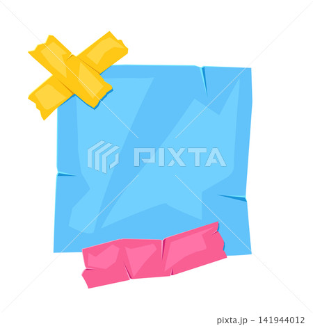 Paper note with adhesive tape. Blue background scotch tape for reminder. Paper note with adhesive tape. Blue background scotch tape for reminder. 141944012