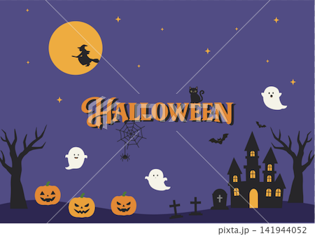 Halloween banner illustration, night background, vector illustration, simple, featuring witches, ghosts, and jack-o'-lanterns. 141944052