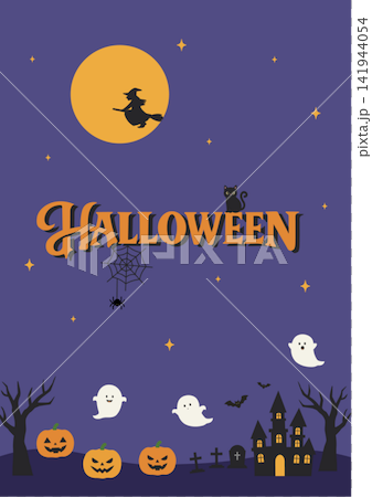 Halloween banner illustration, night background, vector illustration, simple, featuring witches, ghosts, and jack-o'-lanterns. Halloween banner illustration, night background, vector illustration, simple, featuring witches, ghosts, and jack-o'-lanterns. 141944054