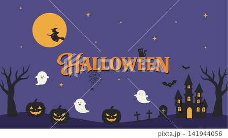 ハロウィンのバナーイラスト　夜の背景 イラスト ベクター シンプル 魔女・おばけ・ジャックオランタン 141944056