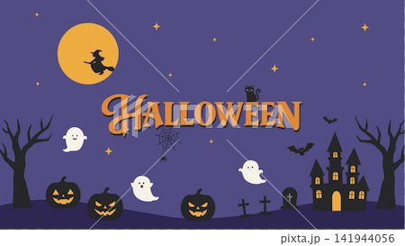 ハロウィンのバナーイラスト　夜の背景 イラスト ベクター シンプル 魔女・おばけ・ジャックオランタン 141944056