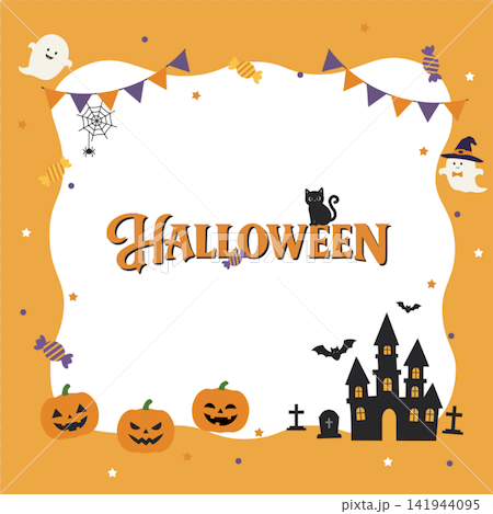 Halloween banner illustration - background illustration, vector, simple, featuring witch, ghost, jack-o'-lantern, and castle. Halloween banner illustration - background illustration, vector, simple, featuring witch, ghost, jack-o'-lantern, and castle. 141944095