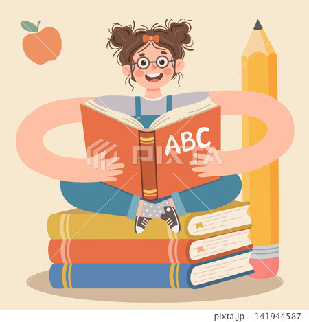 Cute cartoon illustration of a young smart girl reading a book while sitting on a large pile of colorful books, perfect back to school design element for education, studying, and children concepts Cute cartoon illustration of a young smart girl reading a book while sitting on a large pile of colorful books, perfect back to school design element for education, studying, and children concepts 141944587