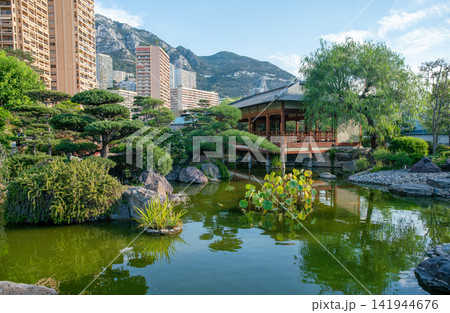 Japanese garden in Monaco and water plants and amazing topiary pine trees and japanese pavilion 141944676