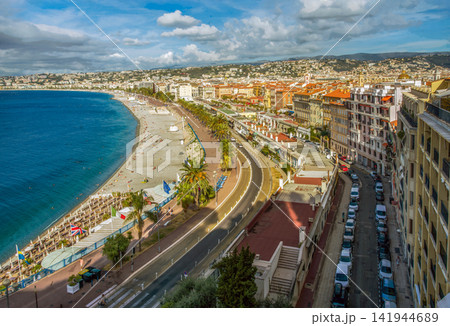 Aerial view on Prom. des Anglais in sunny summer day with sunbathing and swimming people 141944689