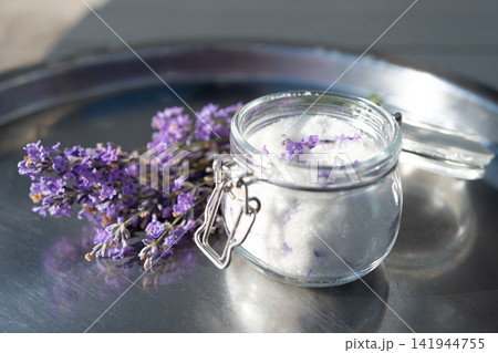 Homemade lavender sugar with fresh lavender flowers Homemade lavender sugar with fresh lavender flowers 141944755