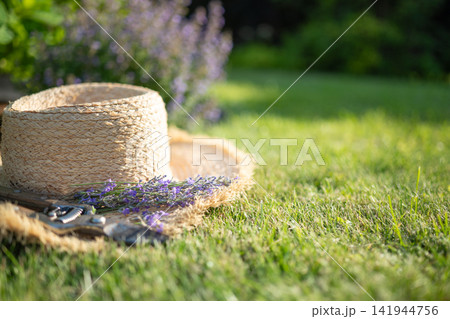 Lavender bouquet with straw hat and garden tools on summer lawn 141944756