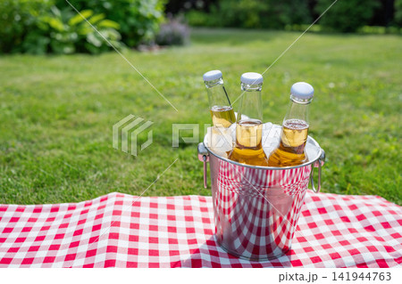 Cold beer bottles in metal bucket on picnic blanket in summer garden Cold beer bottles in metal bucket on picnic blanket in summer garden 141944763