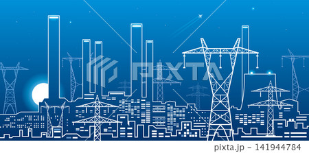 Industrial city skyline with power transmission towers, factory buildings and electricity infrastructure at night. Blue line art illustration of power generation, energy distribution, electrical grid 141944784