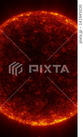 Fiery red solar sphere with glowing plasma surface, intense heat, and bright cosmic energy resembling a burning star. 141945030
