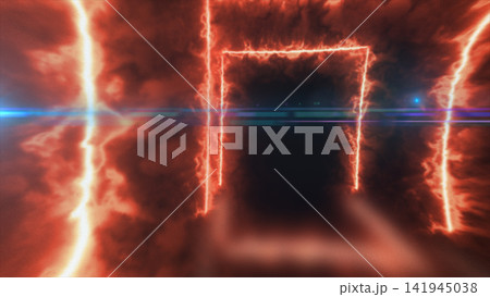 Fiery red neon portal with glowing rectangular frames, smoky atmosphere, and cinematic lens flare in a dark futuristic corridor. Fiery red neon portal with glowing rectangular frames, smoky atmosphere, and cinematic lens flare in a dark futuristic corridor. 141945038