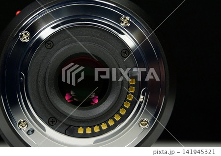 Close-up of Micro Four Thirds M43 lens mount for macro photography on black 141945321