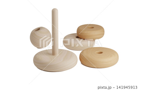 Fully Disassembled Wooden Stacking Ring Toy with Base Pole and Spherical Top Piece Montessori Educational Asset Fully Disassembled Wooden Stacking Ring Toy with Base Pole and Spherical Top Piece Montessori Educational Asset 141945913