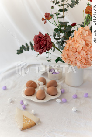 Easter home design. Greeting card. Minimalist white interior. Easter home design. Greeting card. Minimalist white interior. 141945946