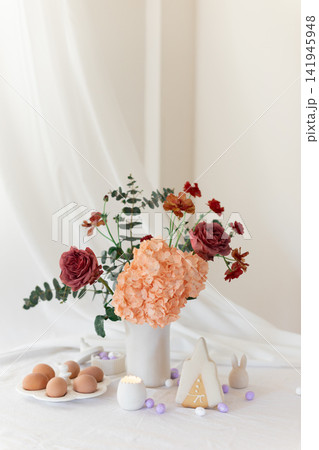 Easter home design. Greeting card. Minimalist white interior. 141945948