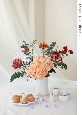 Easter home design. Greeting card. Minimalist white interior. 141945954