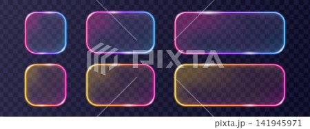 Futuristic neon glass UI buttons set with glowing pink and blue gradient outlines. Rounded square and rectangle shapes with transparent glossy effect isolated on transparent background. 141945971