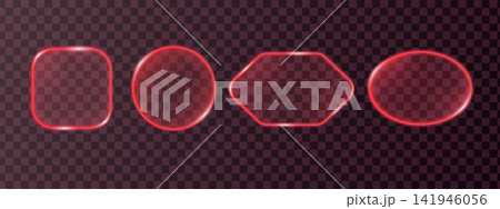 Futuristic red glass UI buttons set with glowing red gradient outlines. Rounded square, circle, hexagon and oval shapes with transparent glossy effect isolated on transparent background. Futuristic red glass UI buttons set with glowing red gradient outlines. Rounded square, circle, hexagon and oval shapes with transparent glossy effect isolated on transparent background. 141946056