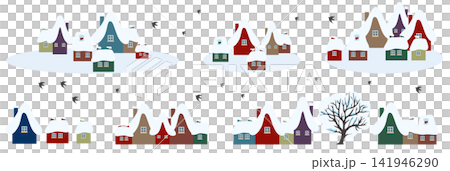 Collection of colorful winter village houses covered with snow, arranged in separate groups with flying birds and a bare winter tree. Flat vector illustration on a white background for Christmas, New Collection of colorful winter village houses covered with snow, arranged in separate groups with flying birds and a bare winter tree. Flat vector illustration on a white background for Christmas, New 141946290