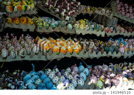 Colorful Hand Decorated Easter Eggs Displayed at Traditional Market 141946510
