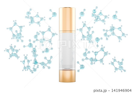 Cream fluid bottle with molecules, scientific cosmetics and active ingredients concept. 3D rendering Cream fluid bottle with molecules, scientific cosmetics and active ingredients concept. 3D rendering 141946904