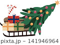 Cute Christmas mouse holding a candy cane beside colorful gifts on a wooden sled under a decorated Christmas tree with a star, isolated on white background 141946964