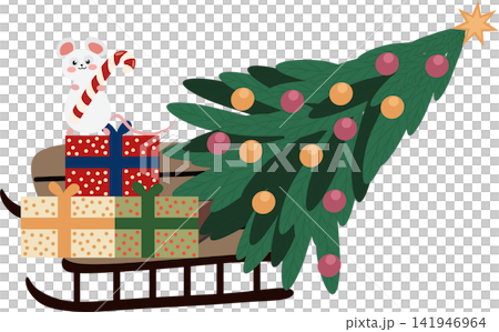Cute Christmas mouse holding a candy cane beside colorful gifts on a wooden sled under a decorated Christmas tree with a star, isolated on white background Cute Christmas mouse holding a candy cane beside colorful gifts on a wooden sled under a decorated Christmas tree with a star, isolated on white background 141946964